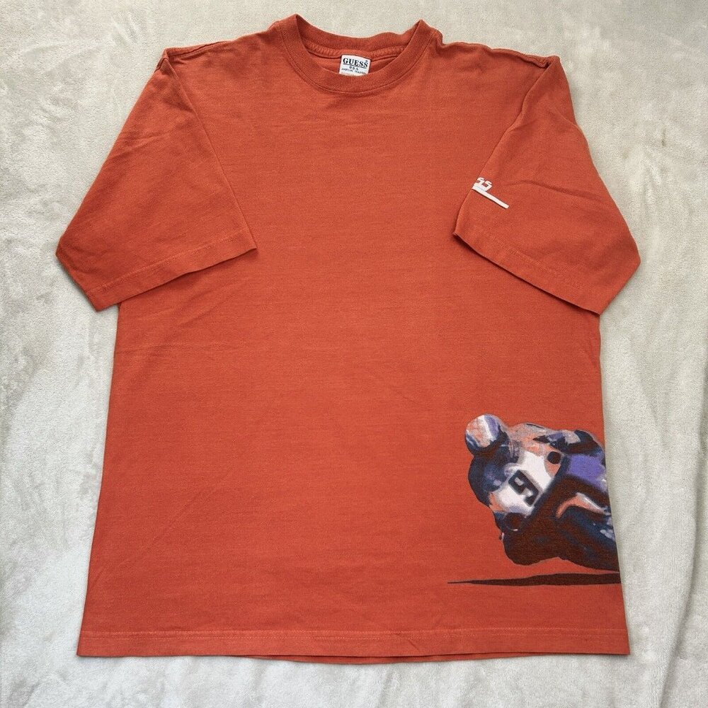 Vintage Guess Mens Large T Shirt Orange Motorcross Bike Cyle Racing Graphic Y2k